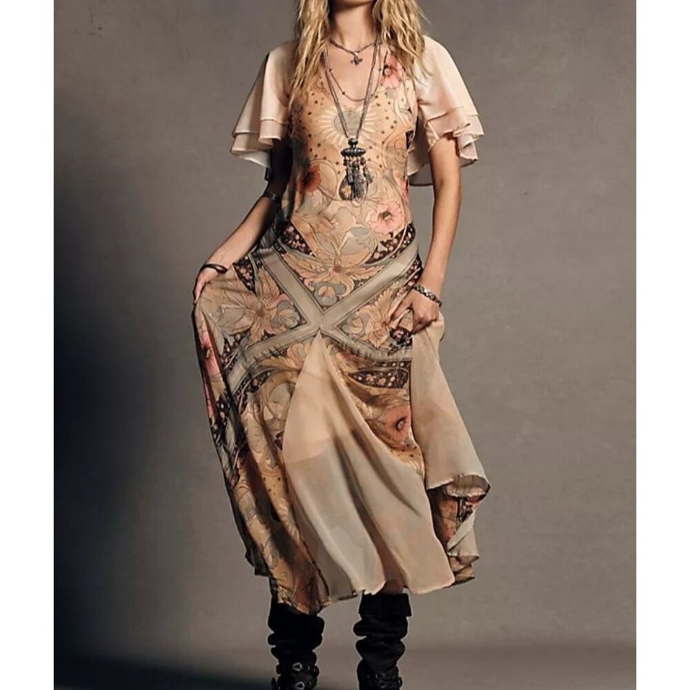 Free People Floral Maxi Dress in Beige and Blush